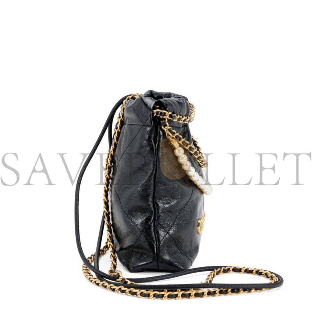 Ch*el master shiny crumpled calfskin quilted pearl mini Ch*el 22 black as3980 (20*19*6cm)